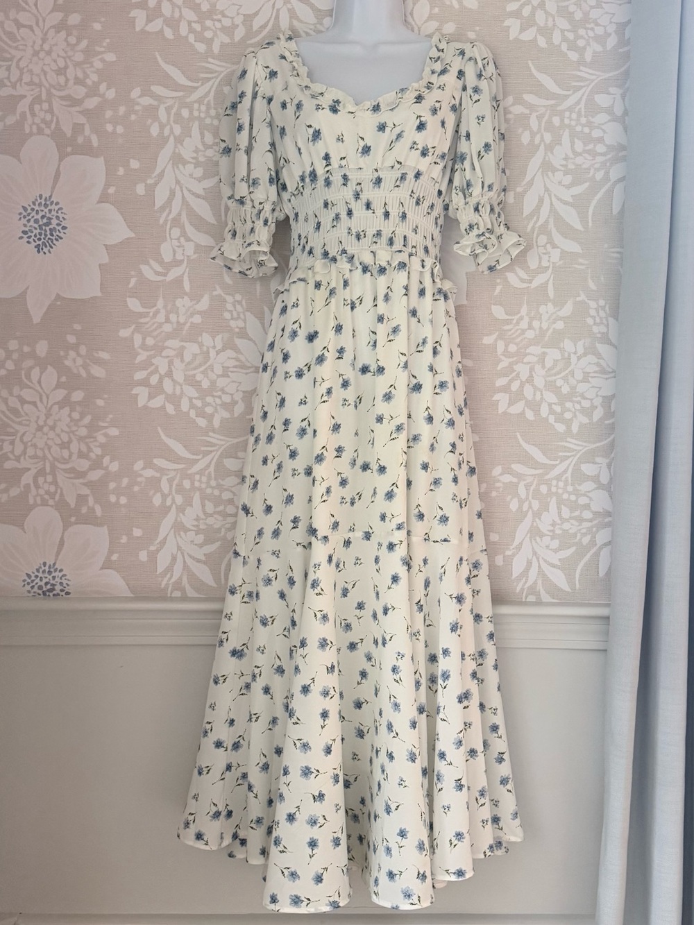 Sister Jane Perennial Floral Maxi Dress White Blue Smocked Size M Coquette